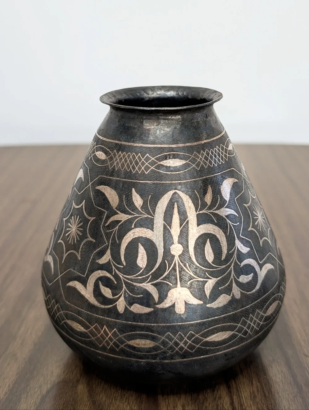 Antique Islamic Indo-Persian Bidriware Gray With Silver Koftgari Florals Vase